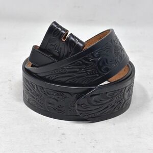 Western Tooled Black Leather Belt Mens Size 44 Floral Embossed Snap On No Buckle